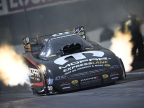 In a photo provided by the NHRA, Matt Hagan drives in Funny Car qualifying at the 58th annual Lucas Oil NHRA Winternationals drag races at Auto Club Raceway on Saturday, Feb. 10, 2018, in Pomona, Calif. Hagan had a run of 3.822 seconds at a track-record 336.32 during his second pass of the day to take the top sport in qualifying.
