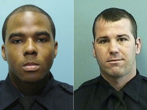 This photo combo from images provided by the Baltimore Police Department show from left, Detective Marcus Taylor and  Detective Daniel Hersl.   Taylor and Hersl  were convicted of robbery, racketeering, and conspiracy on Feb. 12, 2018, in a trial that's part of an ongoing federal investigation into corruption among rogue members of the city's beleaguered police force.  Acting Police Commissioner Darryl DeSousa says the department is determined to mend fences with the community. He's introduced plans for random integrity and polygraph testing and created a new anti-corruption unit.(Baltimore Police Department via AP, File)