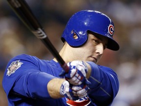 FILE - In this Aug .13, 2017, file photo, Chicago Cubs' Anthony Rizzo waits to bat against the Arizona Diamondbacks during the seventh inning of a baseball game in Phoenix. Rizzo is departing spring training for his home in Parkland, Fla., to offer support in the wake of a deadly shooting at his former high school.