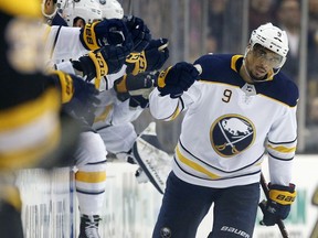 FILe - In this Feb. 10, 2018, file photo, Buffalo Sabres' Evander Kane (9) celebrates his goal during the second period of an NHL hockey game against the Boston Bruins, in Boston. Kane acknowledges it's a matter of when he'll be dealt and not if before the NHL's trading deadline hits on Monday. Kane is in the final year of his contract and not expected to be re-signed by the Sabres this offseason.