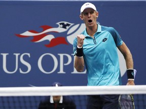 FILE - In this Sept. 10, 2017, file photo, Kevin Anderson, of South Africa, reacts after scoring a point against Rafael Nadal, of Spain, during the men's singles final of the U.S. Open tennis tournament in New York. New York no longer has to wait for the U.S. Open for top-level tennis. The New York Open debuts next week at Nassau Coliseum, a new home for a tournament that has attracted many of the best American men's players and hopes it can someday get the best in the world.