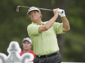 FILE- In this May 23, 2013, file photo, Peter Jacobsen watches his shot off the 16th tee during the first round of the Senior PGA Championship golf tournament at Bellerive Country Club in St. Louis. The AT&T Pebble Beach Pro-Am is a confluence of some of the most important elements on the PGA Tour, from corporate to entertainment, from professionals to amateurs. That's what brought Jacobsen back to play at age 63.