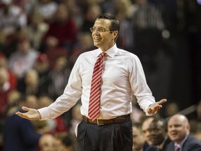 FILE - In this Dec. 16, 2017, file photo, Nebraska head coach Tim Miles reacts to a referee call in the game against Kansas during the first half of an NCAA college basketball game in Lincoln, Neb. The Nebraska men's basketball team plans to take a public stand Saturday against the views of a university student who described himself as a white nationalist in a widely distributed online video. Coach Tim Miles said Friday, Feb. 9, 2018, that the team will wear T-shirts reading "Hate Never Wins" at the home game against Rutgers.