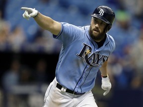 FILE - In this Sunday, Aug. 6, 2017 file photo, Tampa Bay Rays' Steven Souza Jr. celebrates after his walk off home run off Milwaukee Brewers relief pitcher Jacob Barnes during the ninth inning of an interleague baseball game in St. Petersburg, Fla. The Arizona Diamondbacks have sent infielder Brandon Drury to the New York Yankees and received outfielder Steven Souza Jr. from the Tampa Bay Rays in a three-team trade that includes five players, Tuesday, Feb. 20, 2018.