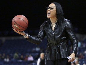 FILE - In this March 27, 2017, file photo, South Carolina head coach Dawn Staley protest a foul during the second half of a regional final against Florida State in the NCAA college basketball tournament in Stockton, Calif. Staley and the Gamecocks have been preparing to play No. 1 UConn while the coach dealt with comments by Missouri athletic director Jim Sterk's comments that she fostered a hostile atmosphere during last Sunday's game against the Tigers.