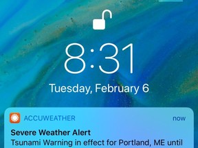 Some people on the East Coast got a push alert on their phones Tuesday, Feb. 6, 2018, about a tsunami warning, but the National Weather Service says it was just a test. Meteorologist Hendricus Lulofs said there was a glitch Tuesday during a routine test.