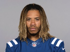 FILE - This June 13, 2017 file photo shows Indianapolis Colts football player Edwin Jackson.  Jackson, 26, was one of two men killed when a suspected drunken driver struck them as they stood outside their car along a highway in Indianapolis. The Colts said in a statement Sunday, Feb. 4, 3018, that the team is "heartbroken" by Jackson's death. Authorities say the driver that struck them before dawn on Sunday tried to flee on foot but was quickly captured.  (AP Photo, File)