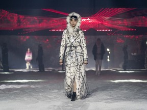 A model wears fashion from the Philipp Plein collection during Fashion Week in New York, Saturday, Feb. 10, 2018.