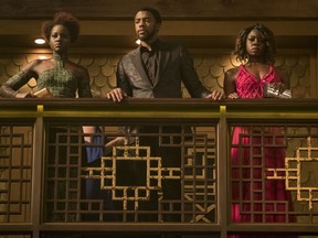 This image released by Disney shows Lupita Nyong'o, from left, Chadwick Boseman and Danai Gurira in a scene from Marvel Studios' "Black Panther."