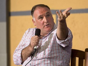 FILE - In this March 21, 2016, file photo Spanish-American chef Jose Andres answers questions during a panel discussion at an event on entrepreneurship at La Cerveceria, in Havana, Cuba. Andres is working on a book about his efforts to help Puerto Rico after Hurricane Maria. Ecco told The Associated Press on Wednesday that it has acquired "We Fed An Island: The True Story of Rebuilding Puerto Rico, One Meal at a Time." The book is scheduled for Sept. 11.