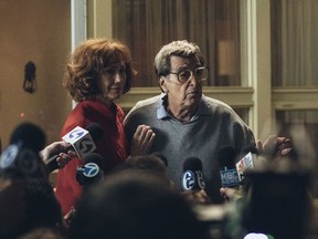 In this image released by HBO, Kathy Baker, left, and Al Pacino portray Sue and Joe Paterno in a scene from "Paterno," a film about the late Penn State football coach. HBO says the film will focus on Paterno dealing with the fallout from the child sex abuse scandal involving his former assistant coach Jerry Sandusky. The all-time winningest coach in major college football history was fired days after Sandusky's Nov. 2011 arrest and died two months later at the age of 85.