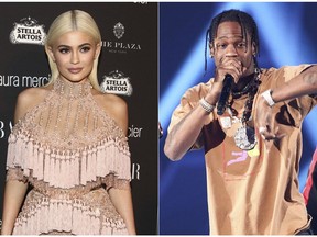 In this combination photo, TV personality Kylie Jenner, left, attends Harper's Bazaar Icons celebration on Sept. 9, 2016, in New York and rapper Travis Scott performs at the 2017 iHeartRadio Music Festival on Sept. 23, 2017, in Las Vegas. In an Instagram post Sunday, Feb. 4, Jenner announced the birth of her baby girl born Thursday. It's the first child for the 20-year-old reality star and the 25-year-old rapper.  Jenner and Travis Scott said Tuesday their baby girl is named Stormi. (Photos by Andy Kropa, left, and John Salangsang/Invision/AP)