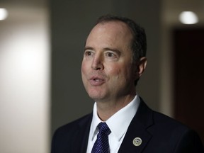 FILE - In this Feb. 5, 2018, file photo, Rep. Adam Schiff, D-Calif., ranking member of the House Committee on Intelligence, speaks during a media availability after a closed-door meeting of the House Intelligence Committee on Capitol Hill in Washington. Schiff, told CBS' "Face the Nation" on Sunday, Feb. 11, that Trump blocked the Democratic memo because it undermines his claims of vindication in the meddling investigation.
