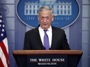 In this Feb. 7, 2018, photo, Defense Secretary Jim Mattis speaks during the daily news briefing at the White House in Washington. The U.S. wants to see foreign fighters being held by Syrian Democratic Forces turned over to their home countries. The United States is urging allied nations to help deal with the growing number of foreign fighters that are being held by the U.S.-backed Syrian Democratic Forces, saying the militants should be turned over to face justice in their home countries. Mattis is expected to raise the issue during a meeting in Rome this week with other members of the coalition that is fighting the Islamic State group in Iraq and Syria.