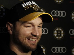 Boston Bruins forward Rick Nash addresses the media prior to the first period of an NHL hockey game against the Buffalo Sabres, Sunday, Feb. 25, 2018, in Buffalo, N.Y.