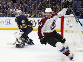 Colorado Avalanche forward Matt Nieto (83) puts the puck past Buffalo Sabres goalie Robin Lehner (40) during the first period of an NHL hockey game, Sunday, Feb. 11, 2018, in Buffalo, N.Y.