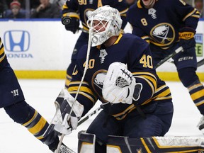 Buffalo Sabres goalie Robin Lehner (40) keeps his eyes on the puck during the first period of an NHL hockey game against the Los Angeles Kings, Saturday, Feb. 17, 2018, in Buffalo, N.Y.