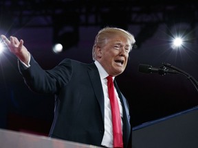 FILE- In this Friday, Feb. 23, 2018, file photo, President Donald Trump delivers remarks to the Conservative Political Action Conference in Oxon Hill, Md. Trump is expressing frustration with an immigration program that he says lets other countries nominate undesirable citizens for emigration to the U.S. That path to coming to the U.S. does not exist.