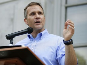 FILE- In this May 23, 2017, file photo, Missouri Gov. Eric Greitens speaks outside the state Capitol in Jefferson City, Mo. Greitens is the latest of several U.S. governors who have been indicted on a wide variety of charges in the last century. He is the sixth governor indicted since 2000.