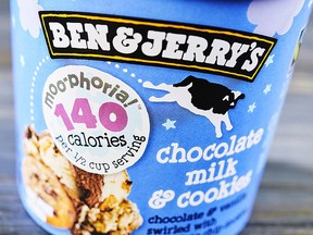 This photo provided by Ben & Jerry's shows the company's low-calorie chocolate milk and cookies ice cream. Ben & Jerry's is the latest big brand to launch a slimmed-down version of its frozen treats. (Courtesy of Ben & Jerry's via AP)