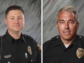 FILE - These undated file photos provided by the City of Westerville, Ohio show Officers Eric Joering, 39, left, and Anthony Morelli, 54, who were fatally shot while responding to a hang-up 9-1-1 call on Saturday, Feb. 10, 2018.  Police in the Columbus suburb of Westerville on Monday, Feb. 12 will escort the bodies of two slain officers as they're moved from a coroner's office to separate funeral homes. Officials invited the public to line the route as the bodies are transported Monday to honor the officers.  (City of Westerville via AP, File)