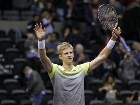 Kevin Anderson, of South Africa, reacts after winning his finals match against Sam Querrey, of the United States, at the New York Open tennis tournament in Uniondale, N.Y., Sunday, Feb. 18, 2018. Anderson defeated Querrey in a tie-breaker to win the tournament.