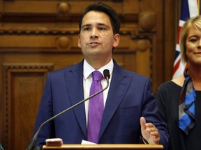 Simon Bridges holds a press conference in Wellington, New Zealand Tuesday, Feb. 27, 2018. Bridges was chosen by New Zealand's National Party lawmakers to lead the party, becoming the the first indigenous Maori to hold the position.