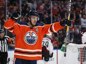 Connor McDavid of the Edmonton Oilers celebrates his game-winning goal in overtime against the Colorado Avalanche in NHL action Thursday night at Rogers Place. The Oilers were 3-2 winners.