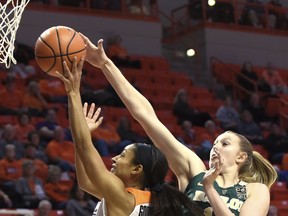 Baylor forward Lauren Cox, right, blocks a shot by Oklahoma State guard Loryn Goodwin during the first half of an NCAA college basketball game in Stillwater, Okla., Tuesday, Feb. 13, 2018.