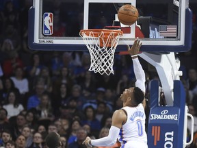 Oklahoma City Thunder's Russell Westbrook (0) goes up to shoot over Orlando Magic's Jonathan Sterling in the first half of an NBA basketball game  in Oklahoma City, Monday, Feb. 26, 2018.