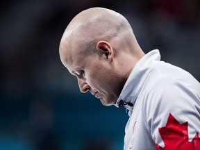 Canada's Kevin Koe reacts in the Olympic curling semifinals against Switzerland on Feb. 23.