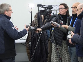 Thomas Bach, President of the International Olympic Committee speaks to Associated Press reporters at the 2018 Winter Olympics in Pyeongchang, South Korea, Monday, Feb. 12, 2018.