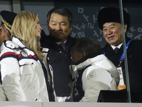 Ivanka Trump, left, U.S. President Donald Trump's daughter and Kim Yong Chol, vice chairman of North Korea's ruling Workers' Party Central Committee, right, attend the closing ceremony of the 2018 Winter Olympics in Pyeongchang, South Korea, Sunday, Feb. 25, 2018.