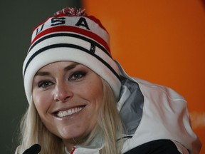 United States' Lindsey Vonn speaks at a press conference after winning the bronze medal in the women's downhill at the 2018 Winter Olympics in Jeongseon, South Korea, Wednesday, Feb. 21, 2018.