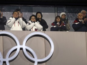 South Korean President Moon Jae-in, front left, first lady Kim Jung-sook, second lady Karen Pence and United States Vice President Mike Pence observe with Kim Yong Nam, the 90-year-old president of the Presidium of the North's Parliament, back left, and Kim Jong Un's sister Kim Yo Jong during the opening ceremony of the 2018 Winter Olympics in Pyeongchang, South Korea, Friday, Feb. 9, 2018.