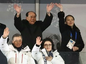 North Korean leader Kim Jong Un's sister Kim Yo Jong (back R) waves behind South Korean President Moon Jae-in (L) during the opening ceremony of the Pyeongchang 2018 Winter Olympic Games in Pyeongchang on February 9, 2018.