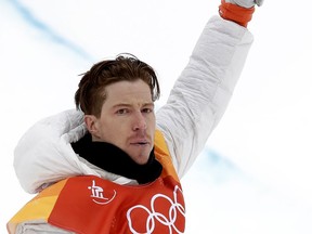 Shaun White, of the United States, celebrates after his run during the men's halfpipe finals at Phoenix Snow Park at the 2018 Winter Olympics in Pyeongchang, South Korea, Wednesday, Feb. 14, 2018.