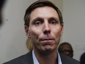 Patrick Brown speaks to media following a meeting at the Conservative Party headquarters in Toronto on Friday, February 16, 2018.