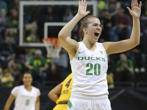 Oregon's Sabrina Ionescu celebrates at the end of a 10-0 run against California late in the second quarter of an NCAA college basketball game in Eugene, Ore., Friday, Feb. 2, 2018. Ionescu scored 28 points as Oregon won 91-54.