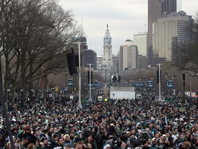 Fans line Benjamin Franklin Parkway before a Super Bowl victory parade for the Philadelphia Eagles football team, Thursday, Feb. 8, 2018, in Philadelphia. The Eagles beat the New England Patriots 41-33 in Super Bowl 52.