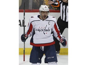 Washington Capitals' Alex Ovechkin celebrates his goal against the Pittsburgh Penguins during the first period of an NHL hockey game in Pittsburgh, Friday, Feb. 2, 2018.