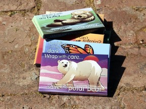 This undated photo provided by the Center for Biological Diversity in Tucson, Ariz., shows condom packages designed by Lori Lieber from the center's "Endangered Species Condoms" series, featuring rhyming maxims and Shawn DiCriscio's illustrations of animal species threatened by population growth. As part of the center's "Pillow Talk" program, hundreds of the condoms will be distributed for free during evening Valentine's Day events for adults on Friday, Feb. 9, 2018, at the Carnegie Science Center in Pittsburgh and the San Diego Natural History Museum.