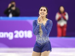 Gabrielle Daleman of Canada reacts following the women's free program in the team figure skating event at the Pyeonchang Winter Olympics Monday, February 12, 2018 in Gangneung, South Korea.