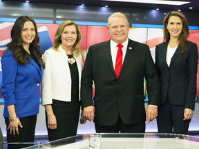 Conservative Party leadership candidates  Tanya Granic Allen,   Christine Elliott,  Doug Ford and Caroline Mulroney at TVO studios in Toronto,  where their first debate was held, on Feb. 15, 2018.