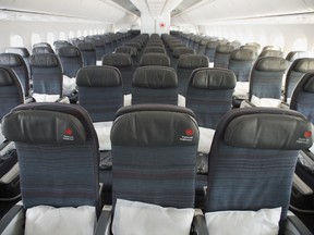 The interior of a Air Canada plane at Toronto Pearson International Airport.