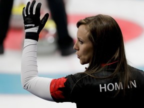 Canadian skip Rachel Homan gestures during a game against China at the Pyeongchang Olympics on Feb. 20.