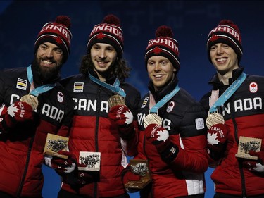 Charles Hamelin, Samuel Girard, Pascal Dion and Charle Cournoyer, Feb. 23, 2018.