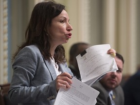 Martine Ouellet questions the government about irregularities on contracts given by the Transport ministry, Thursday, May 19, 2016 at the legislature in Quebec City.