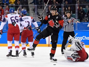 Team Canada forward Rene Bourque celebrates his goal past Czech Republic goaltender Pavel Francouz during an Olympic game on Feb. 17, 2018