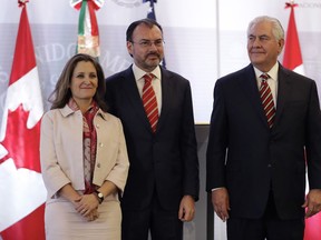 Canada's Minister of Foreign Affairs Chrystia Freeland, from left, Mexican Foreign Minister Luis Videgaray, and U.S. Secretary of State Rex Tillerson, pose for a group photo at the end of their joint press conference in Mexico City, Friday, Feb. 2, 2018. Tillerson's Mexico stop kicks off a weeklong trip to Latin America which will take him to Argentina, Peru, and Colombia, with a final stop in Jamaica.